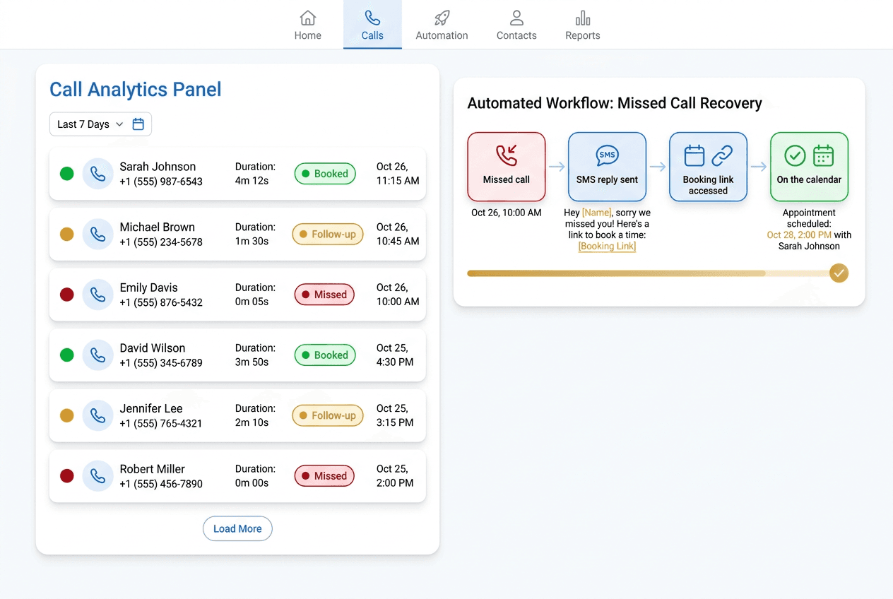 Call analytics panel with status pills and a missed-call recovery automation flow