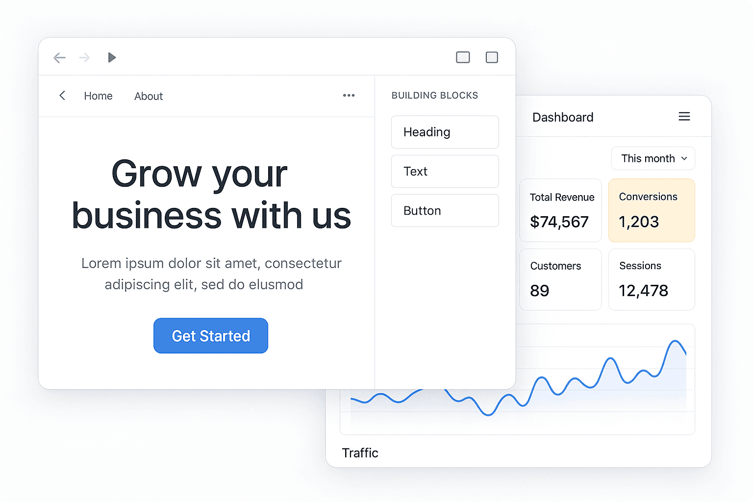A landing page being built next to a client analytics dashboard