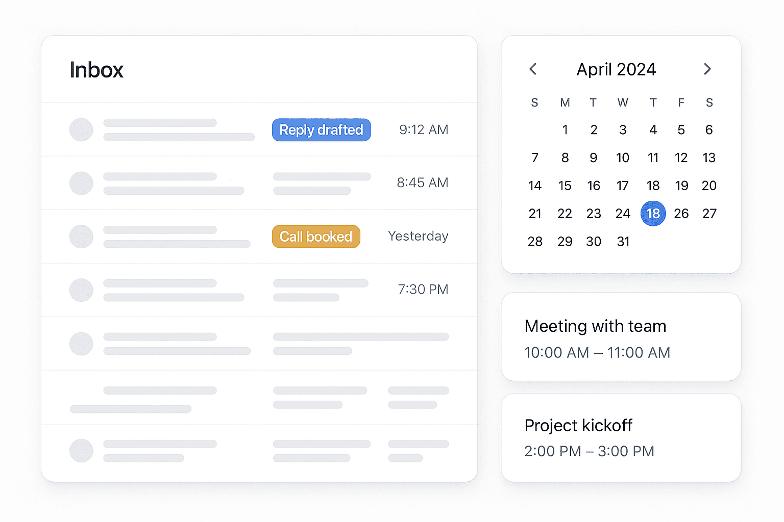 Triaged inbox with drafted replies and a prepared calendar