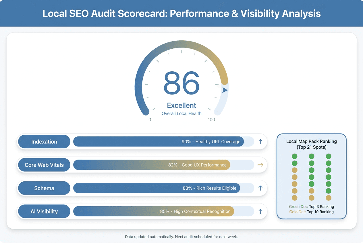 Local SEO audit scorecard with score gauge, metric bars, and a map-pack grid